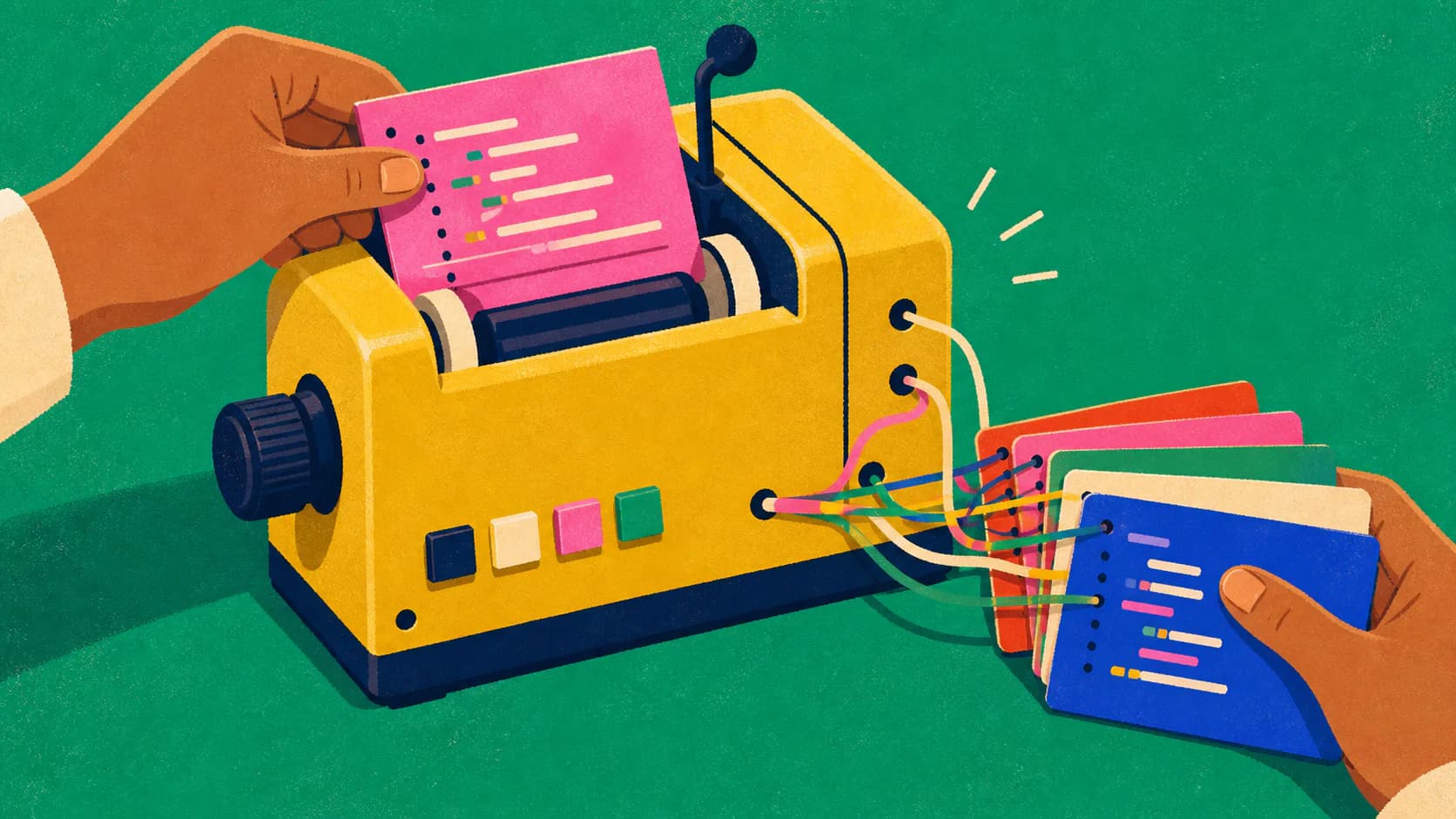 Hands feeding colorful code cards through a compact versioning machine
