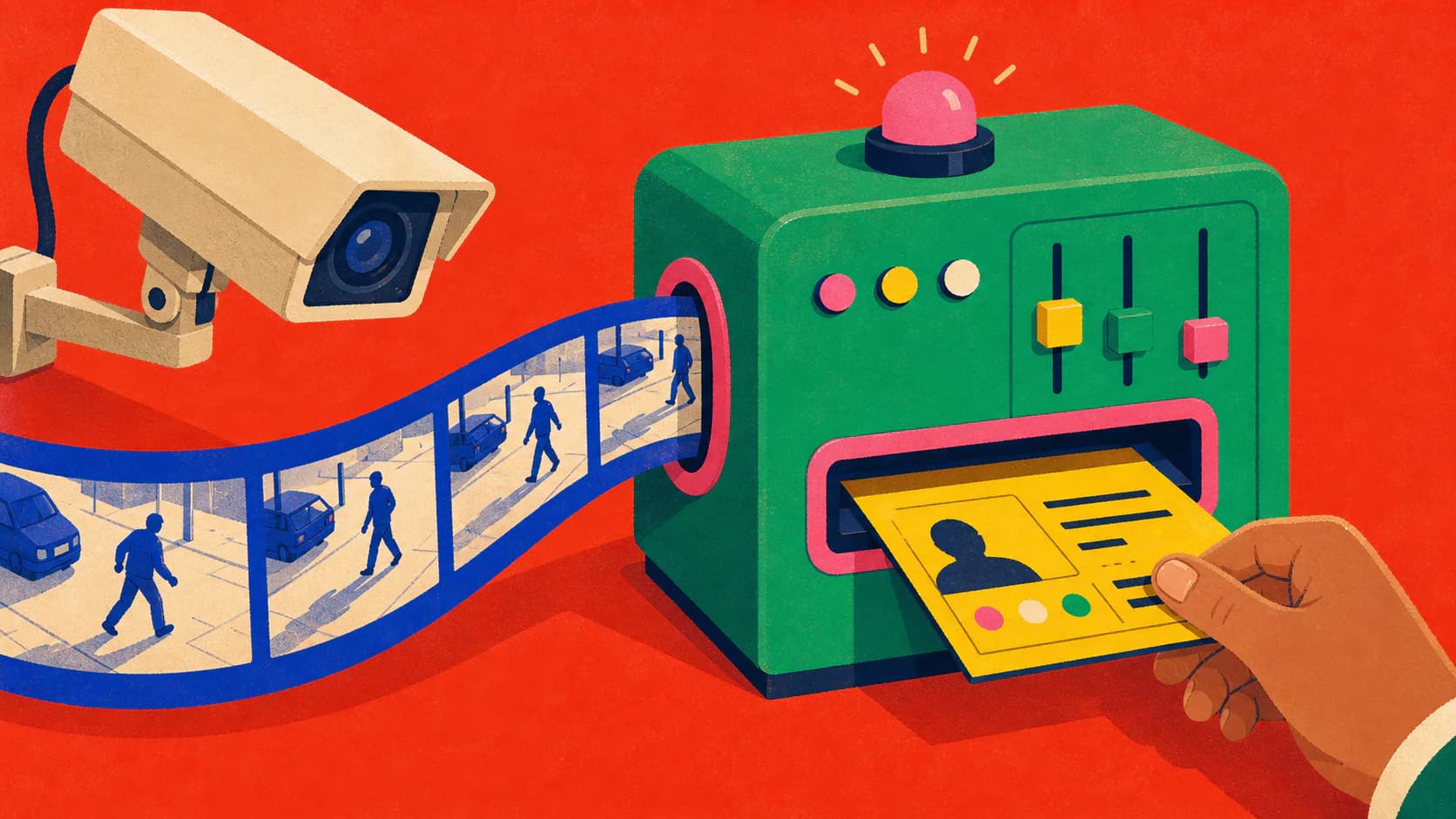 Security-camera footage flowing into a machine that prints a structured incident card