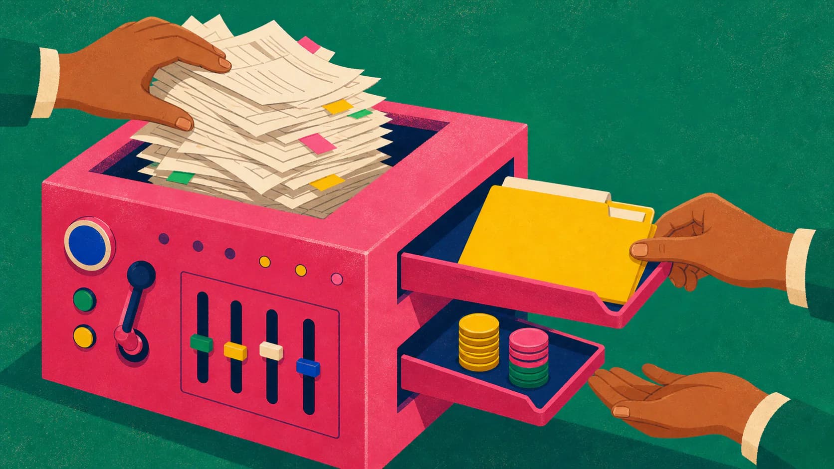 A stack of insurance papers sorted into a claim folder and financing tokens