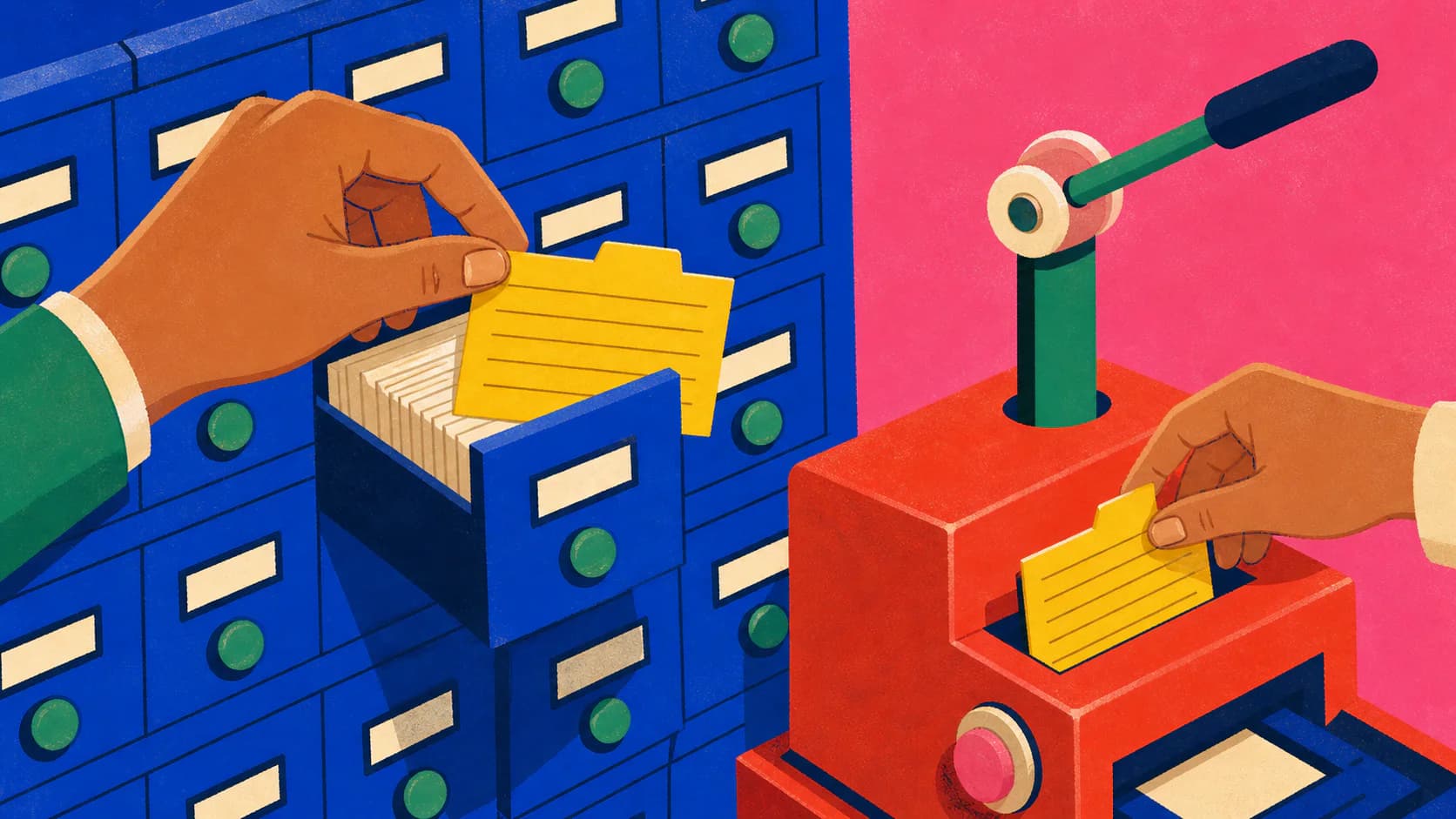 A precise index card retrieved from a large library cabinet and placed into an answer machine