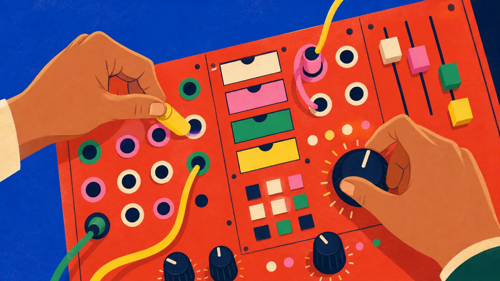 Hands routing colorful cables across an analog orchestration patchboard